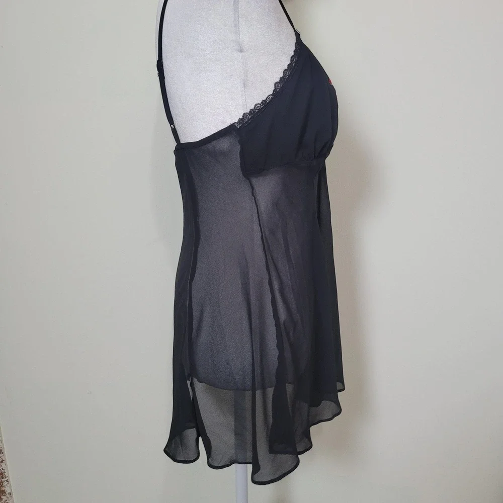 Gilligan O'Malley Small Black Rose Embroidered Sheer Mesh Babydoll Lingerie Lace